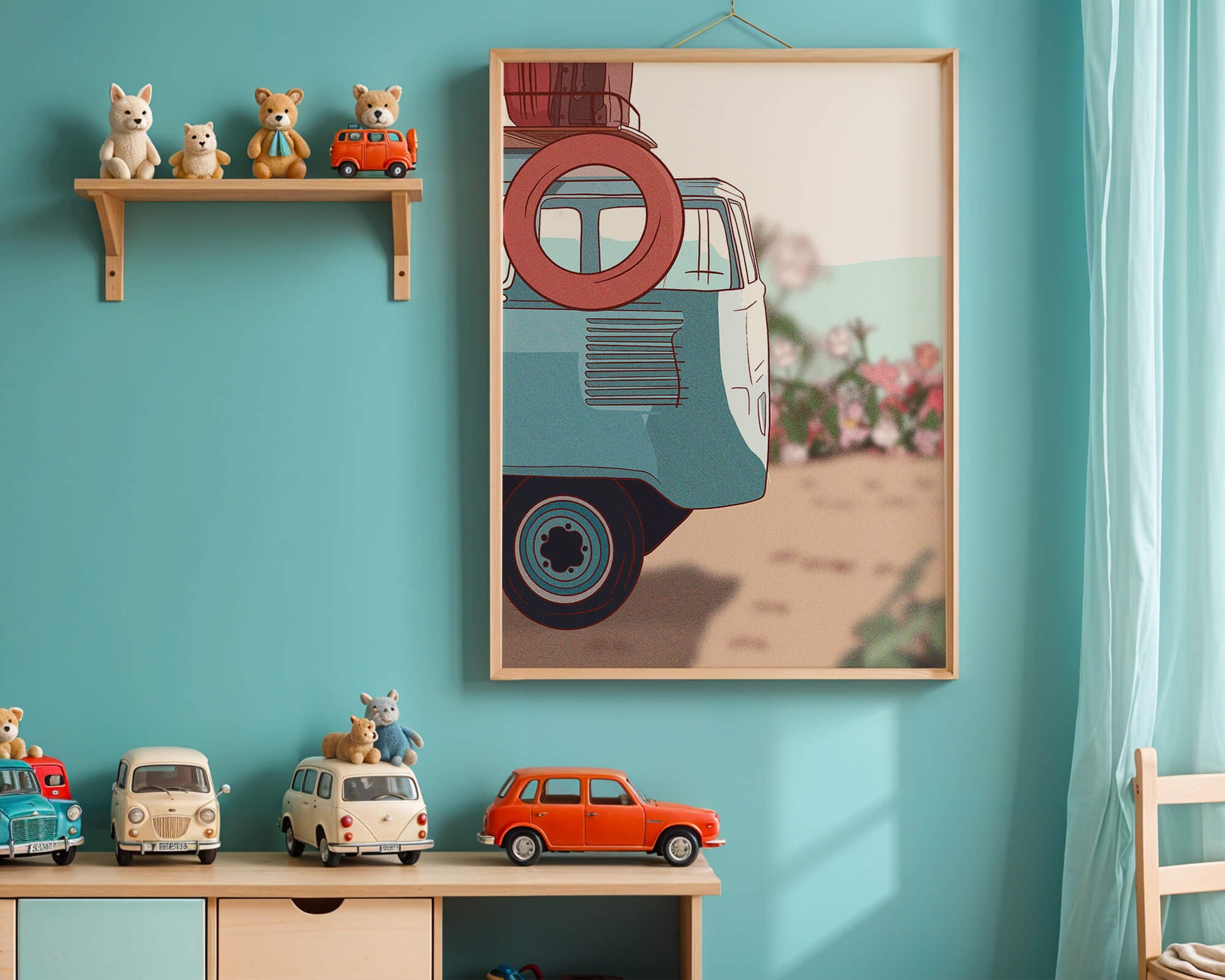 Viaje por carretera de verano en una furgoneta azul vintage