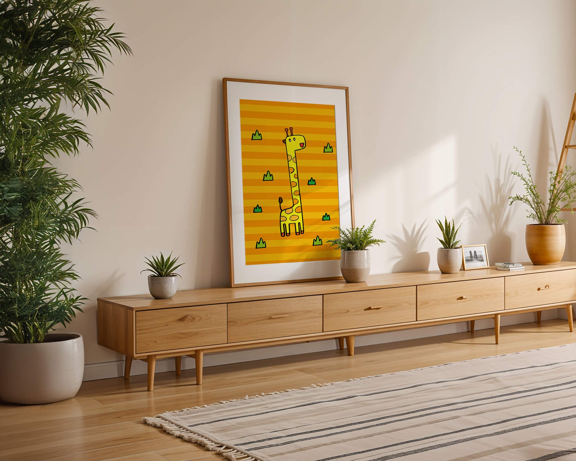 Bright cartoon giraffe illustration on a striped background