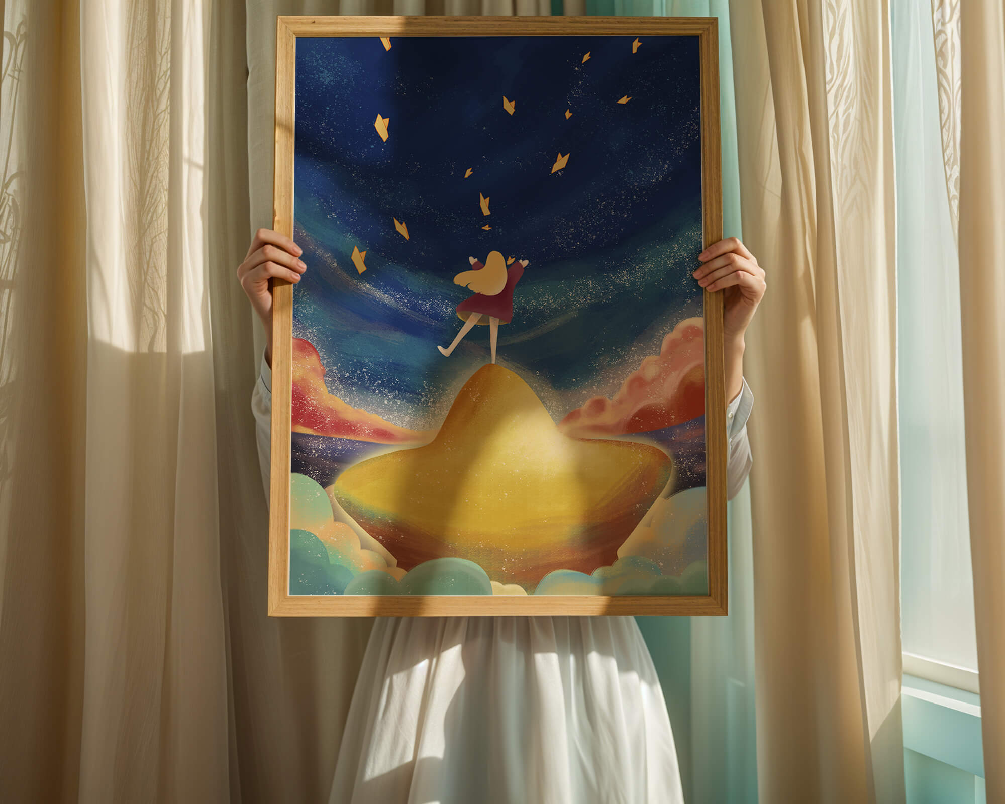 Girl standing on a golden hill reaching for stars in a dreamy night sky
