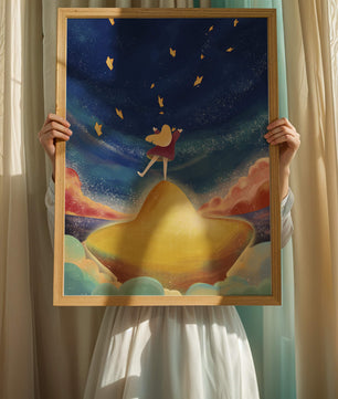 Girl standing on a golden hill reaching for stars in a dreamy night sky