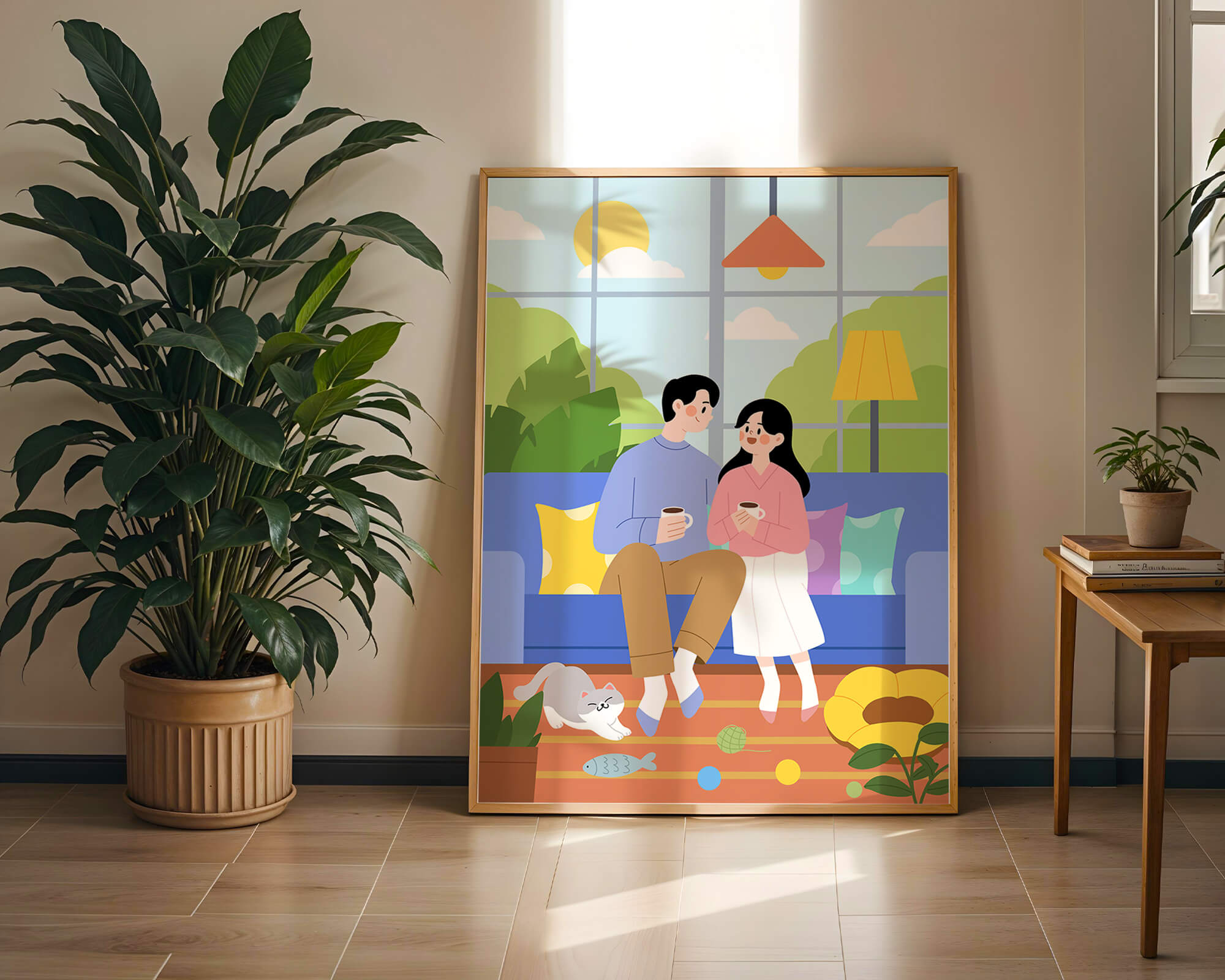 Cozy living room scene with couple and playful cat