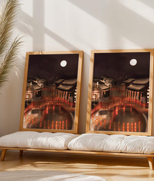 Traditional Japanese village at night with lanterns and full moon