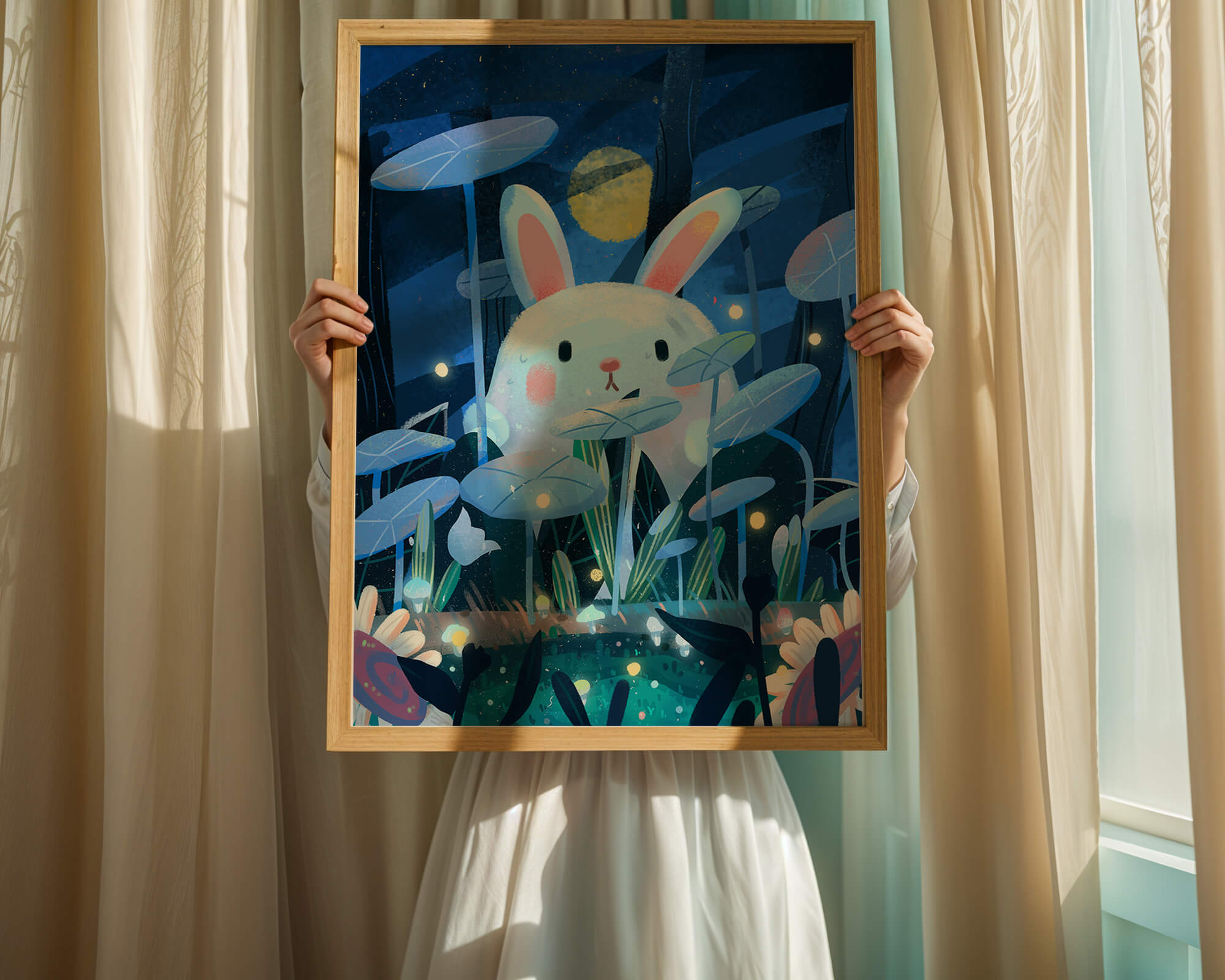 Cute rabbit in a dreamy moonlit forest