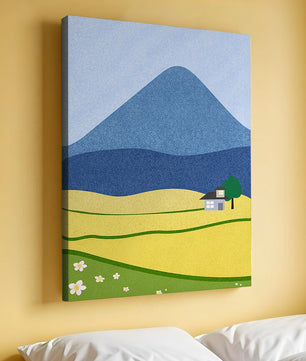 Serene Countryside Landscape with Mountain and Flowers