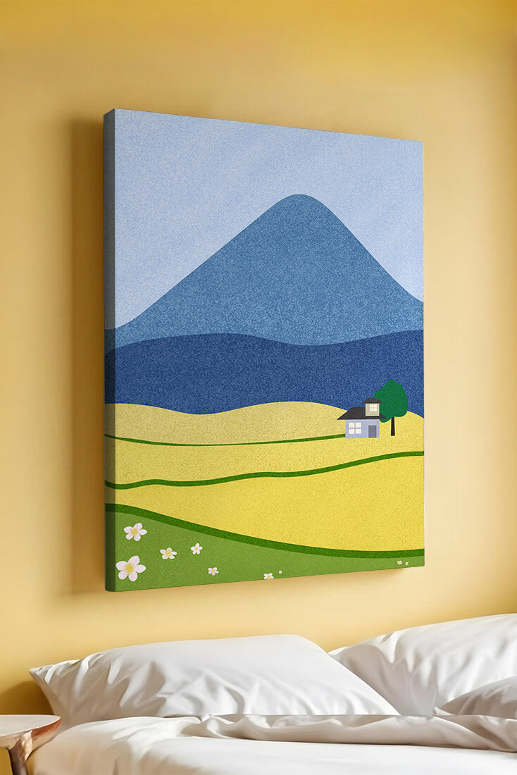 Serene Countryside Landscape with Mountain and Flowers