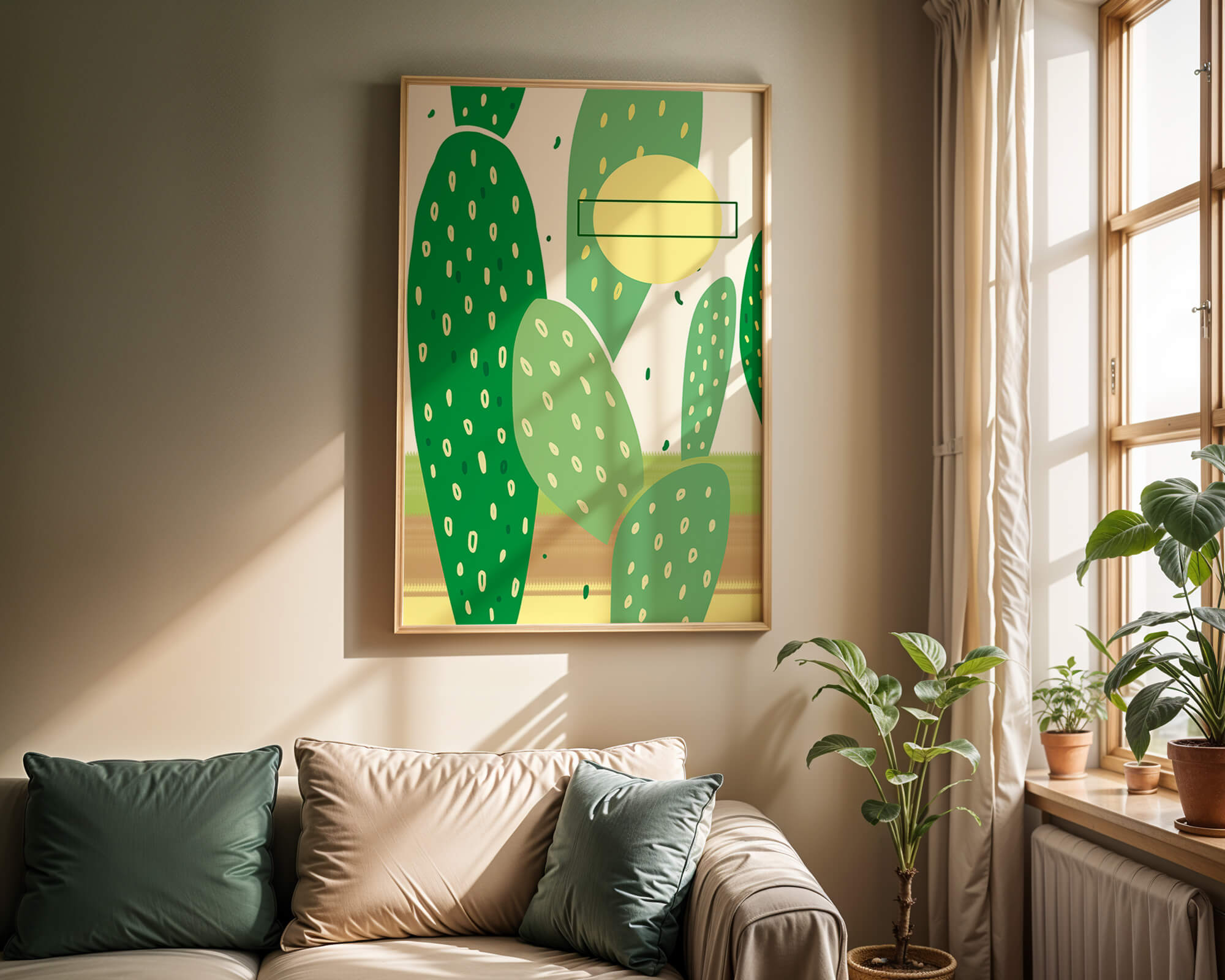 Abstract cactus art with green and yellow elements