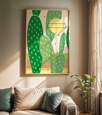 Abstract cactus art with green and yellow elements