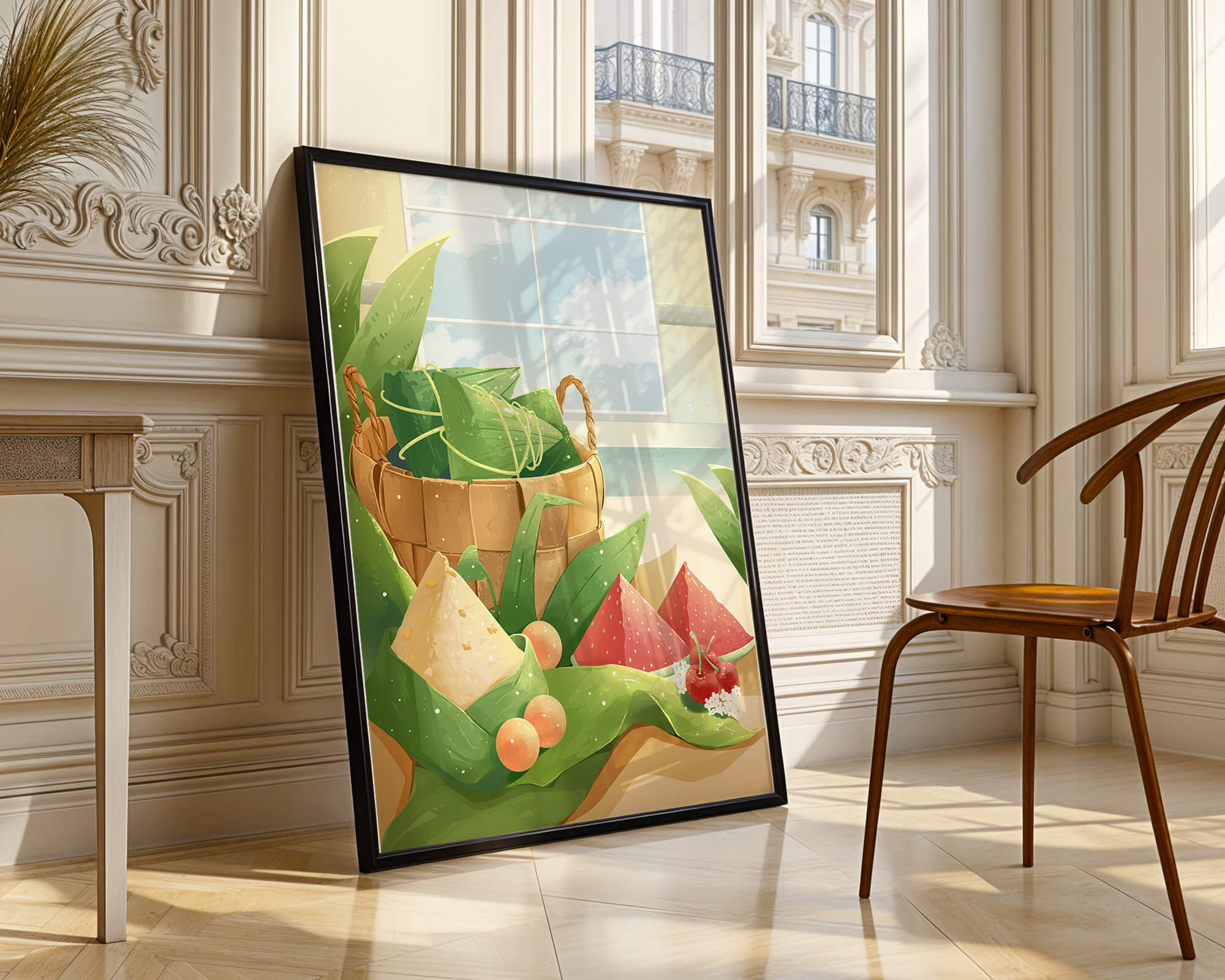 Serene kitchen scene with basket of fruits and leaves