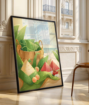 Scène de cuisine sereine avec un panier de fruits et de feuilles