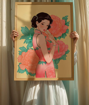 Elegant woman in traditional dress with floral background