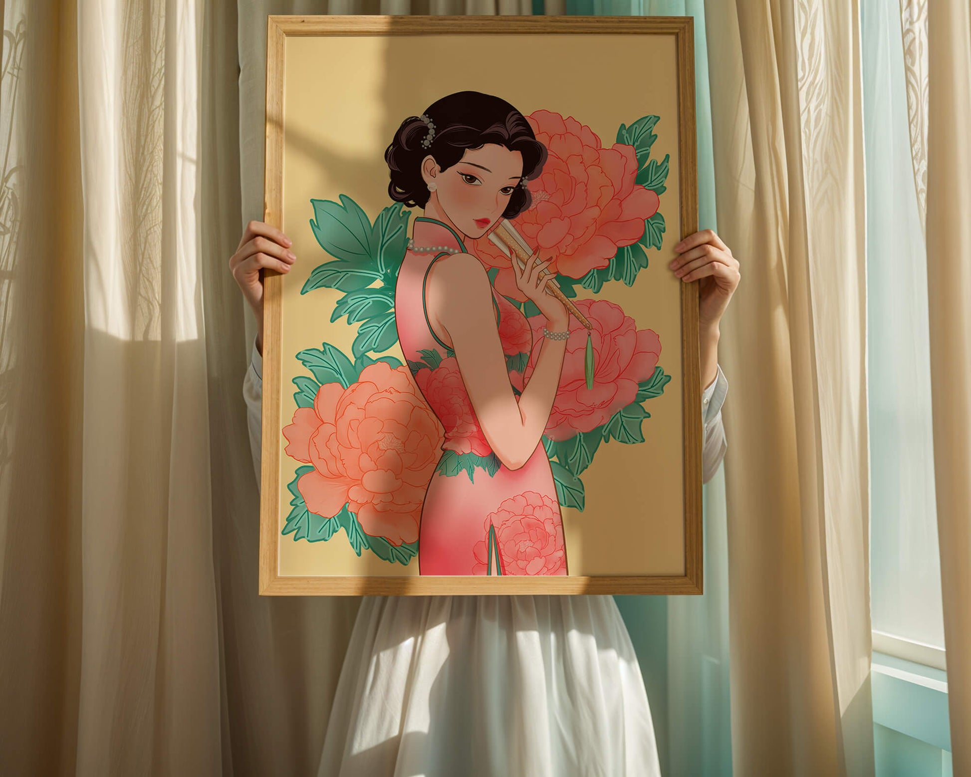 Elegant woman in traditional dress with floral background