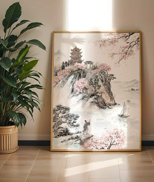 Tranquil Landscape with Cherry Blossoms and Traditional Pagoda