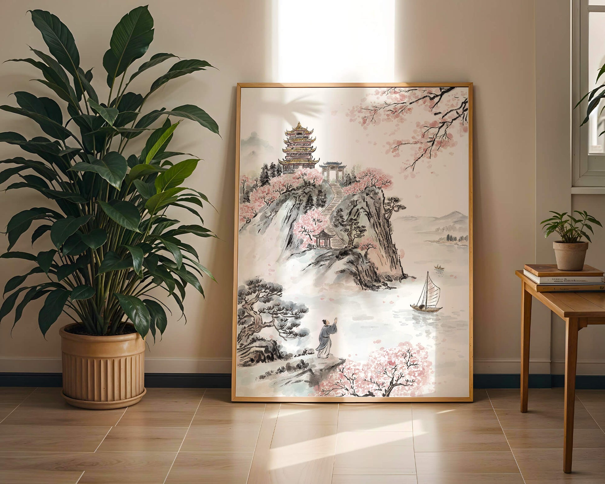 Tranquil Landscape with Cherry Blossoms and Traditional Pagoda