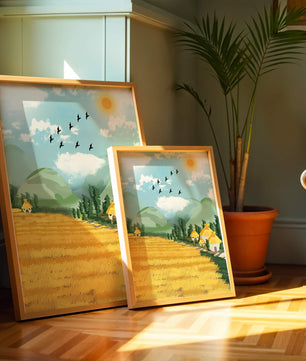 Sunny Countryside With Birds And Golden Fields