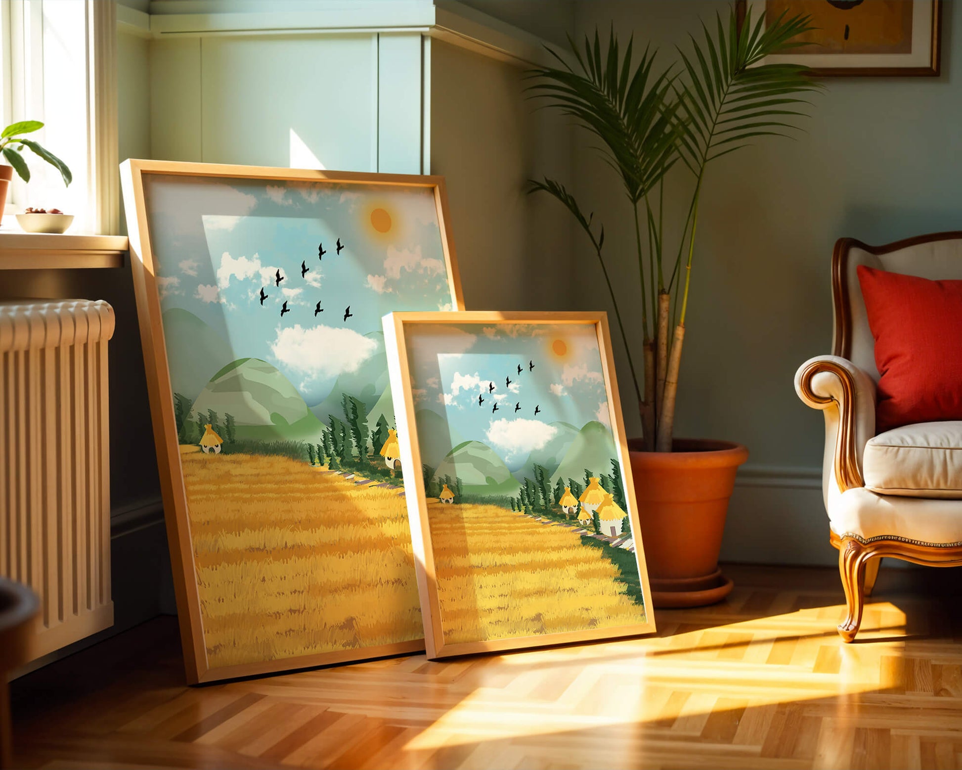 Sunny Countryside With Birds And Golden Fields