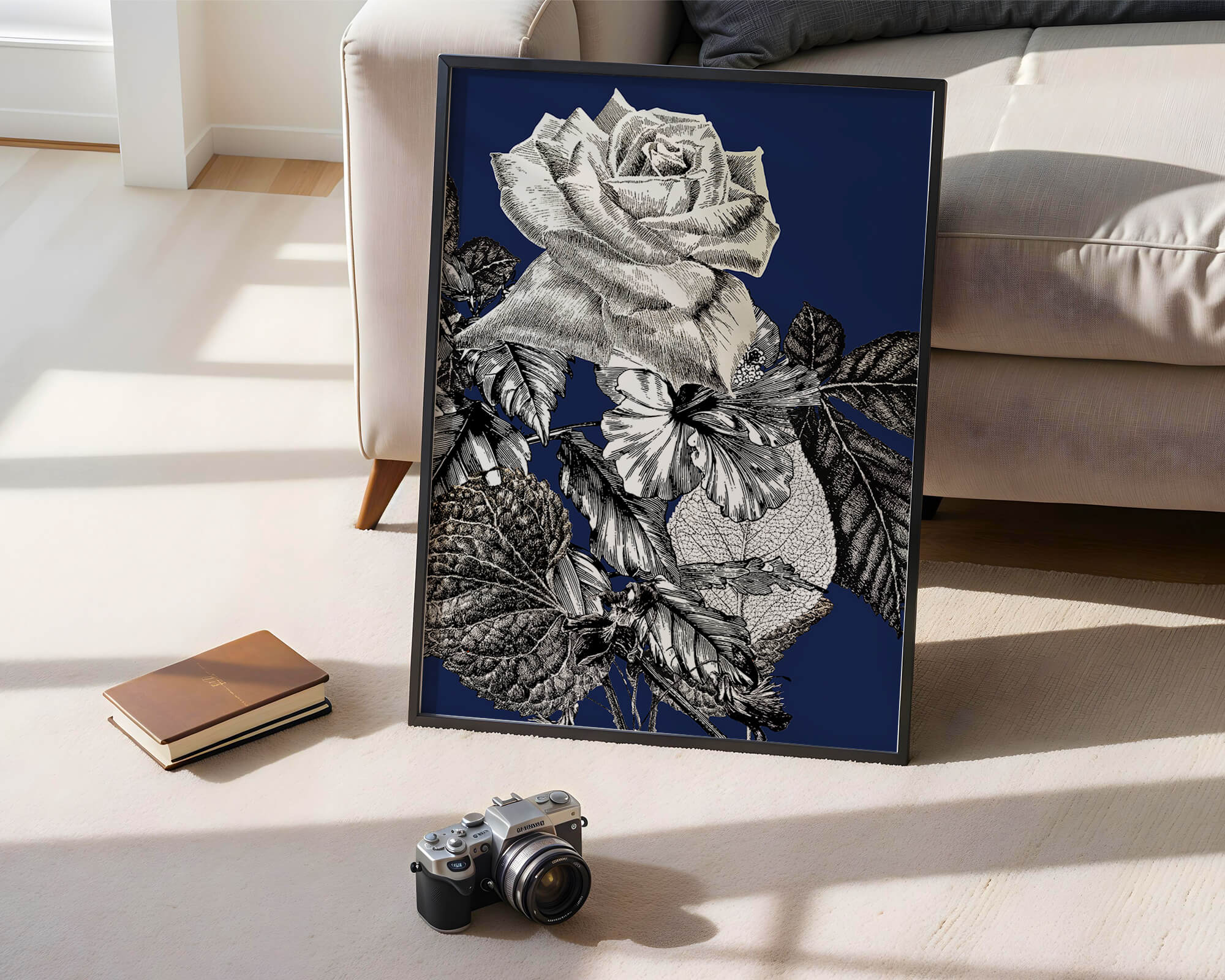 Intricate botanical illustration of roses and foliage on a deep blue background