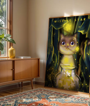 Cat under starry night in a magical forest setting