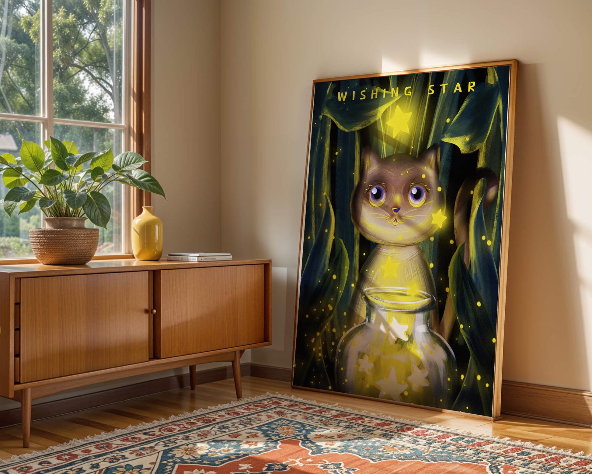 Cat under starry night in a magical forest setting