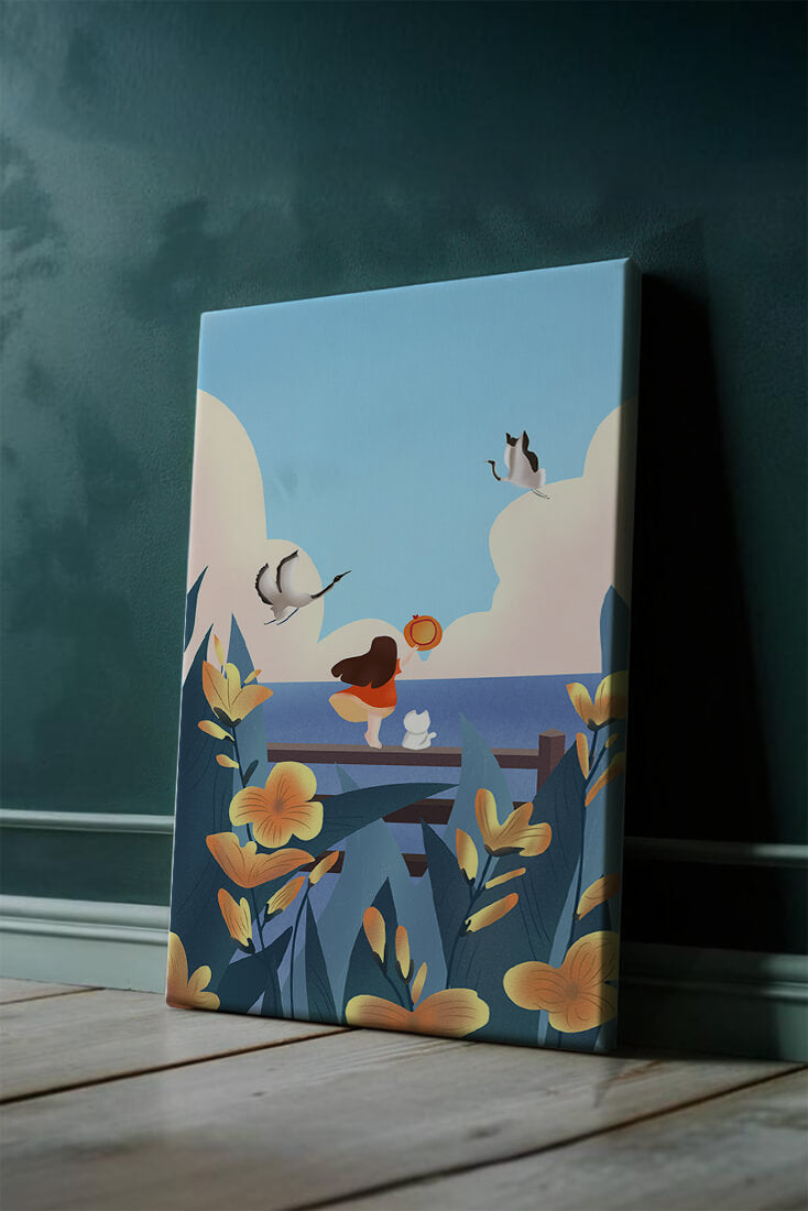 Serene seaside scene with girl, cat, and birds in nature