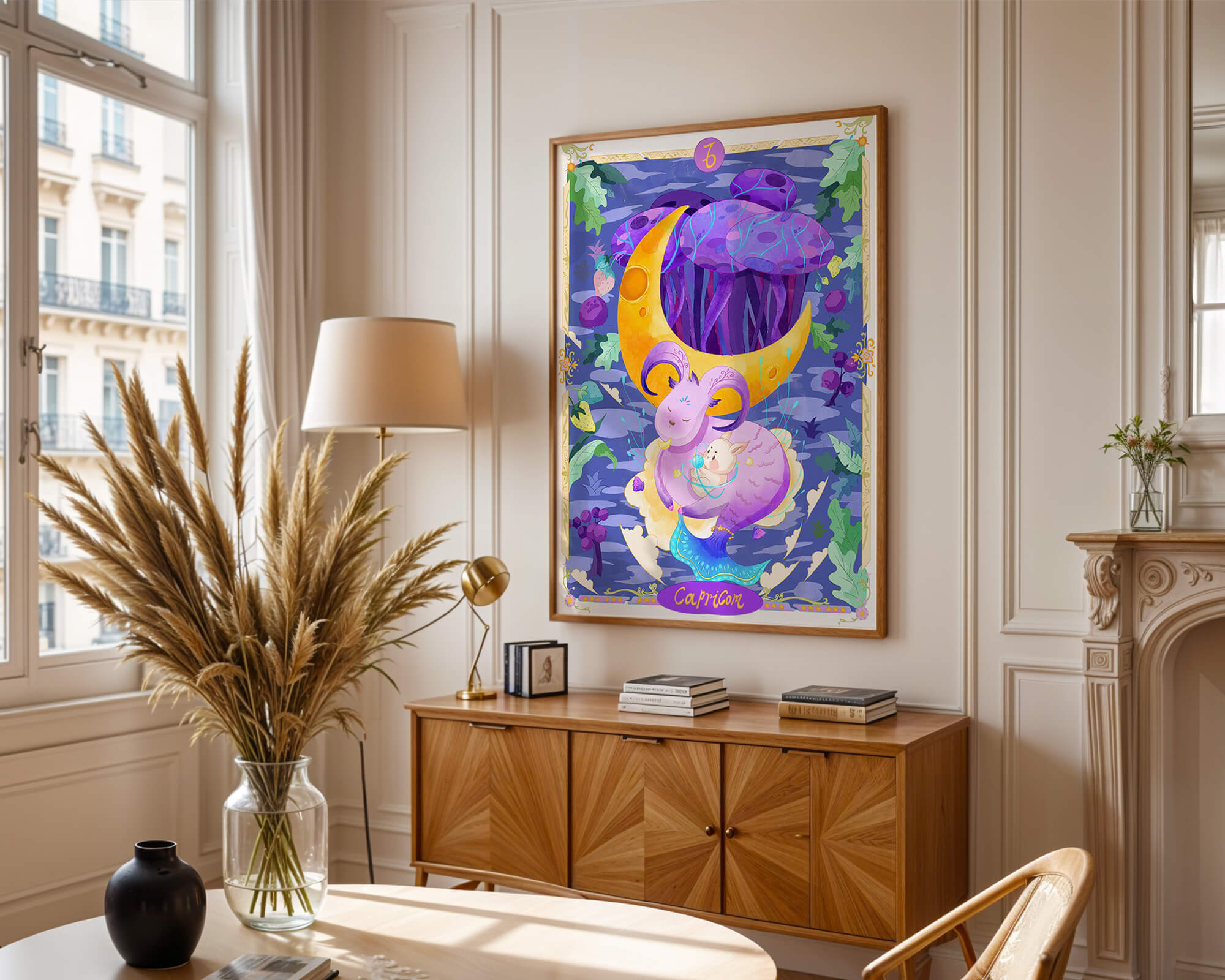 Colorful Capricorn zodiac illustration with fantasy elements