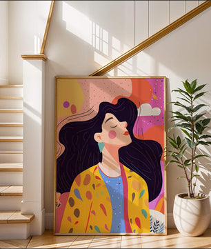 Ilustración colorida de una mujer en estilo artístico con fondo vibrante