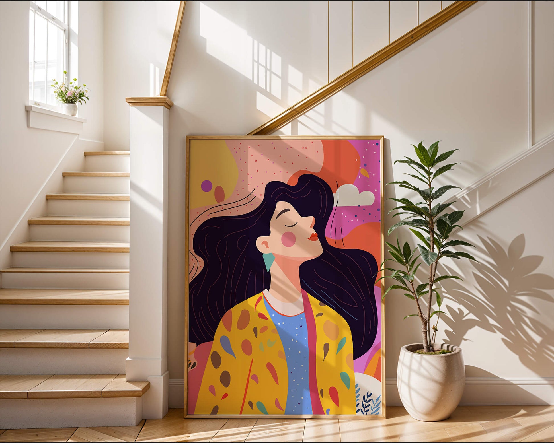 Ilustración colorida de una mujer en estilo artístico con fondo vibrante