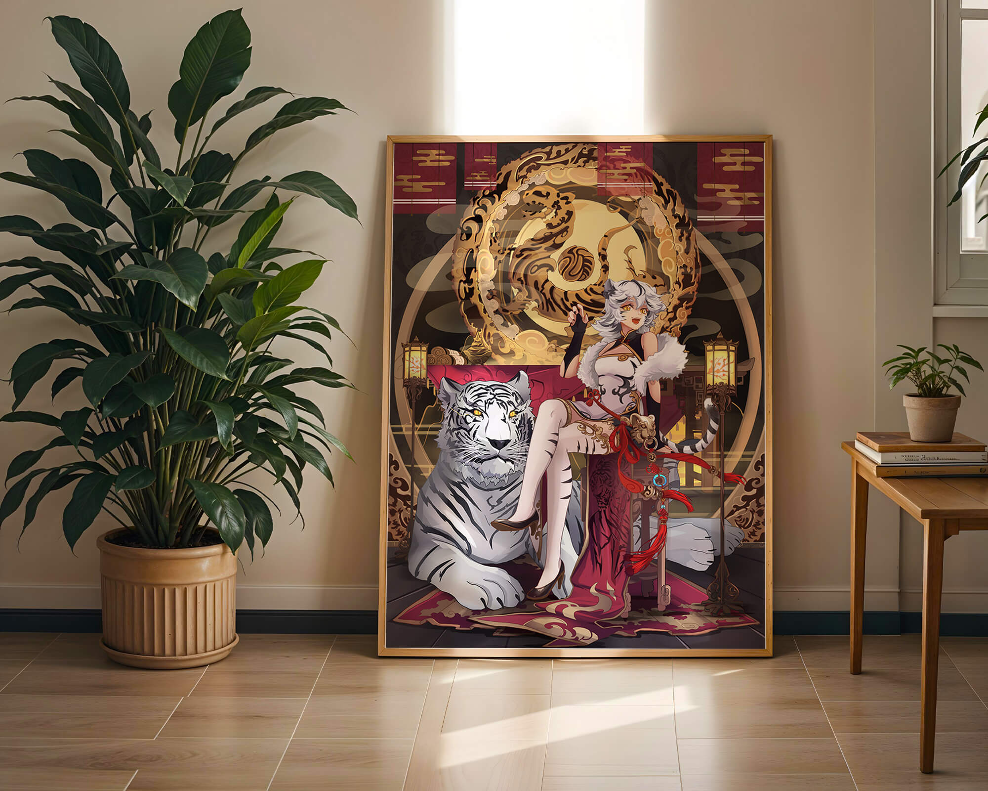 Elegant fantasy character with mystical tiger and ornate decor