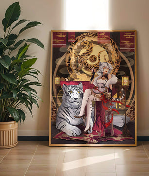 Elegant fantasy character with mystical tiger and ornate decor