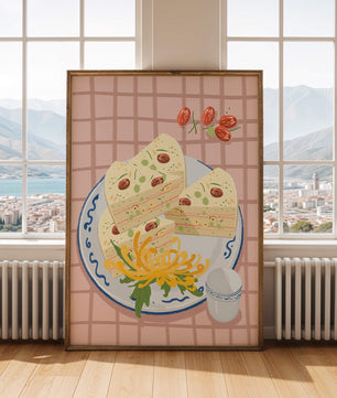 Illustration of layered cake on patterned plate with flowers and a cup