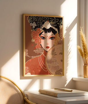 Elegante retrato de una mujer asiática con atuendo tradicional y elementos florales