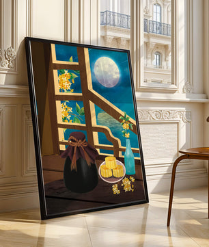 Noche iluminada por la luna con pasteles de luna y decoración floral sobre una mesa de madera