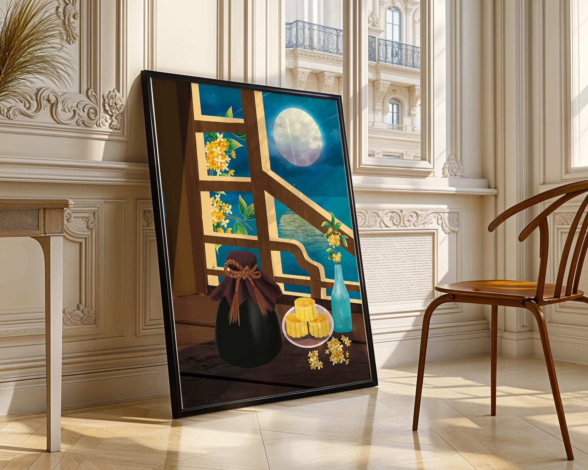 Noche iluminada por la luna con pasteles de luna y decoración floral sobre una mesa de madera