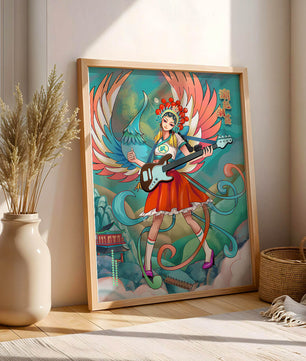 Fusión colorida de arte tradicional y moderno con un músico como protagonista