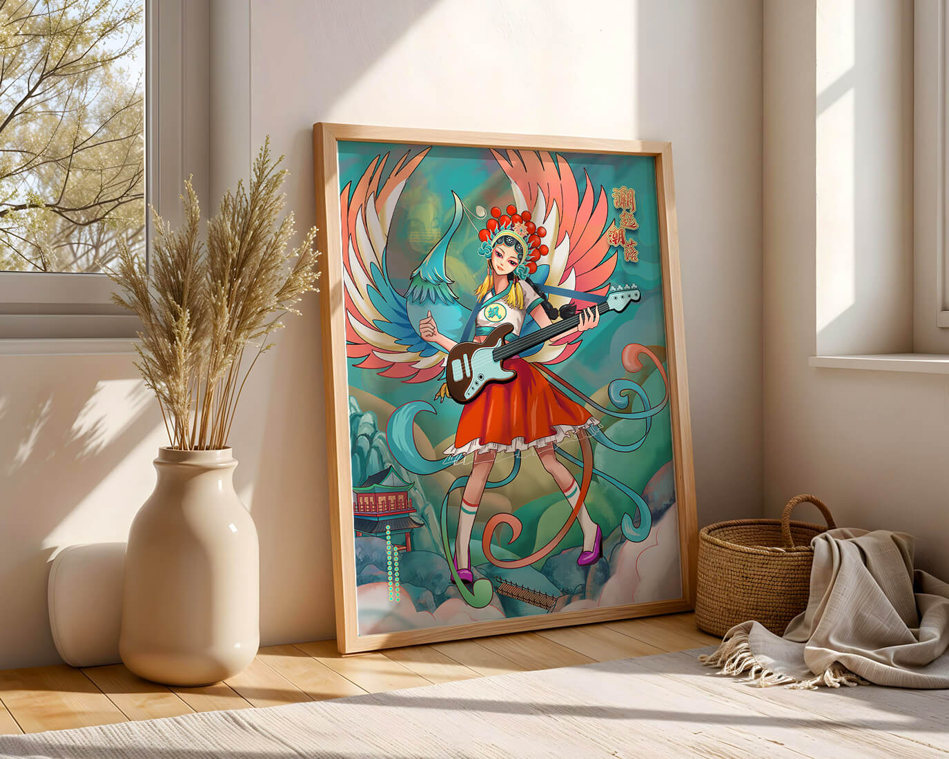 Colorful fusion of traditional and modern art featuring a musician
