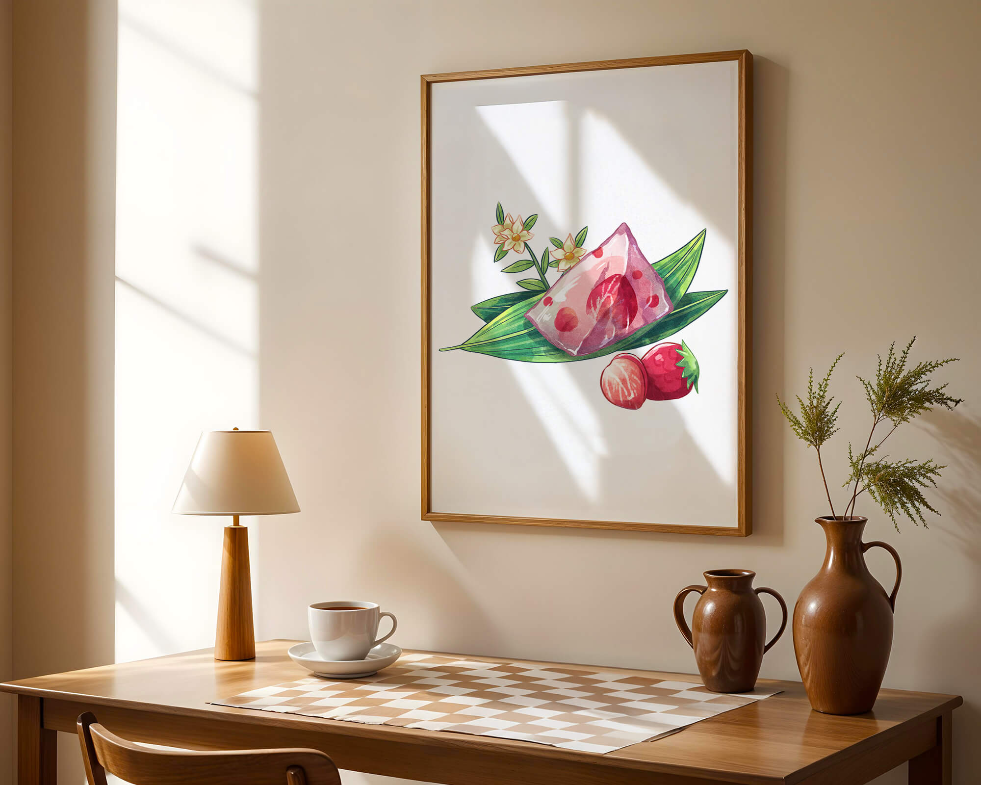 Delicate jelly dessert with strawberries and floral arrangement