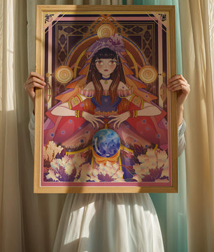 Obra de arte de fantasía con una adivina que tiene una bola de cristal y flores