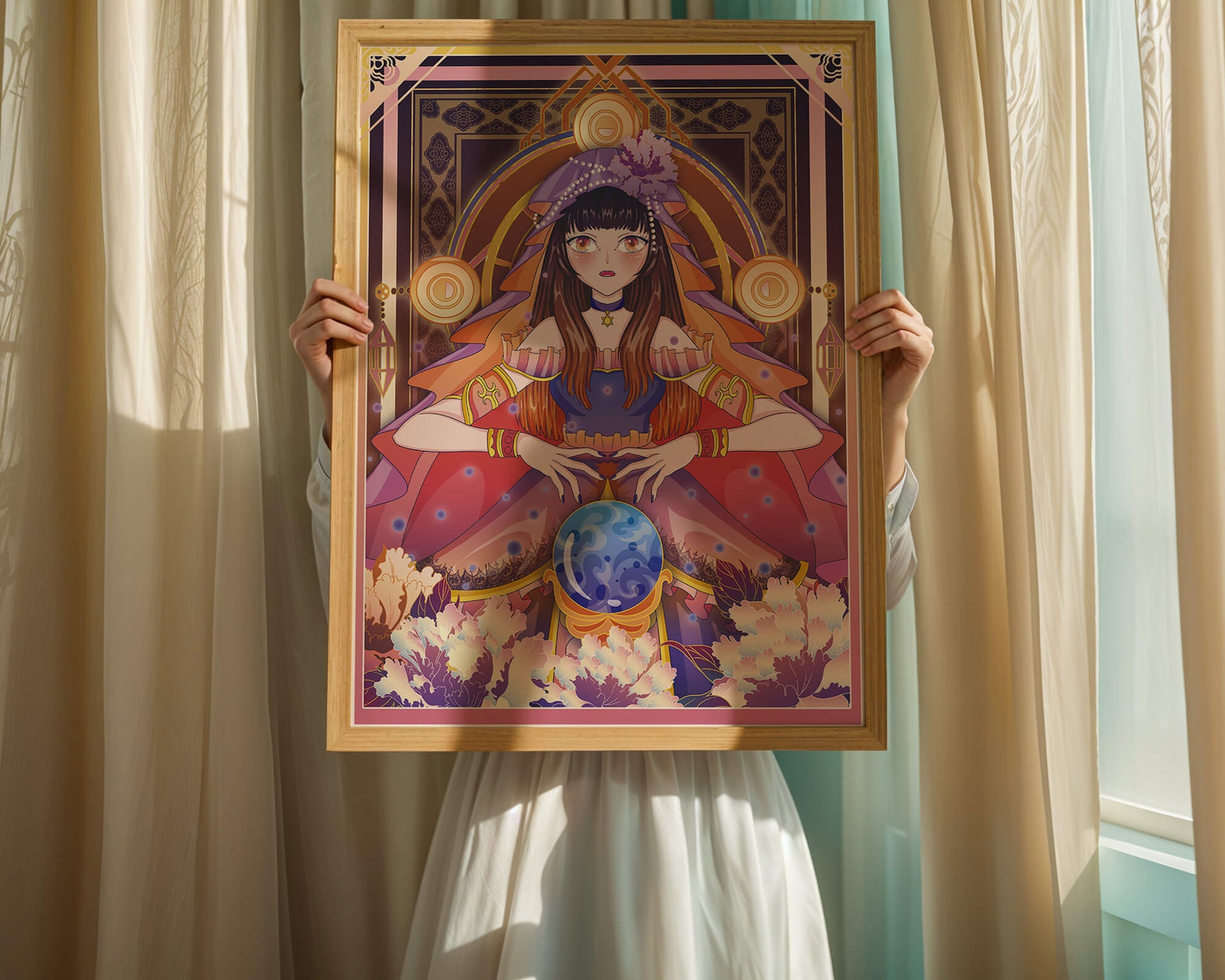 Fantasy Artwork Featuring a Fortune Teller with Crystal Ball and Flowers