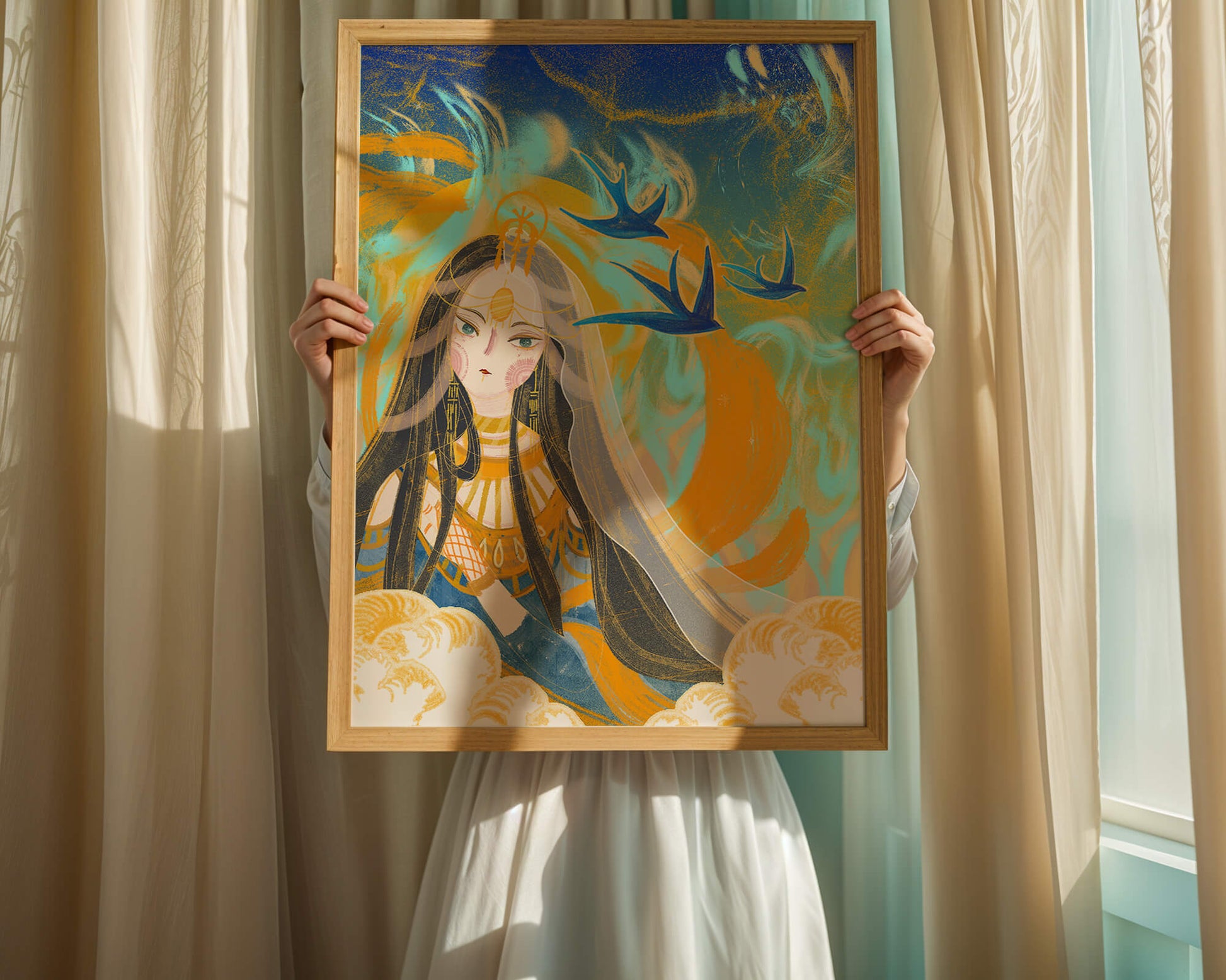 Majestic Goddess with Birds and Golden Elements in Mystical Setting