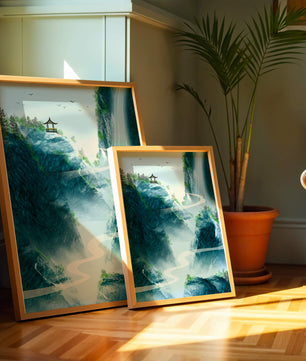 Serene mountain landscape with a pavilion and waterfall