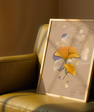 Elegante Blätter des Ginkgo mit abstrakten wellenförmigen und kreisförmigen Elementen