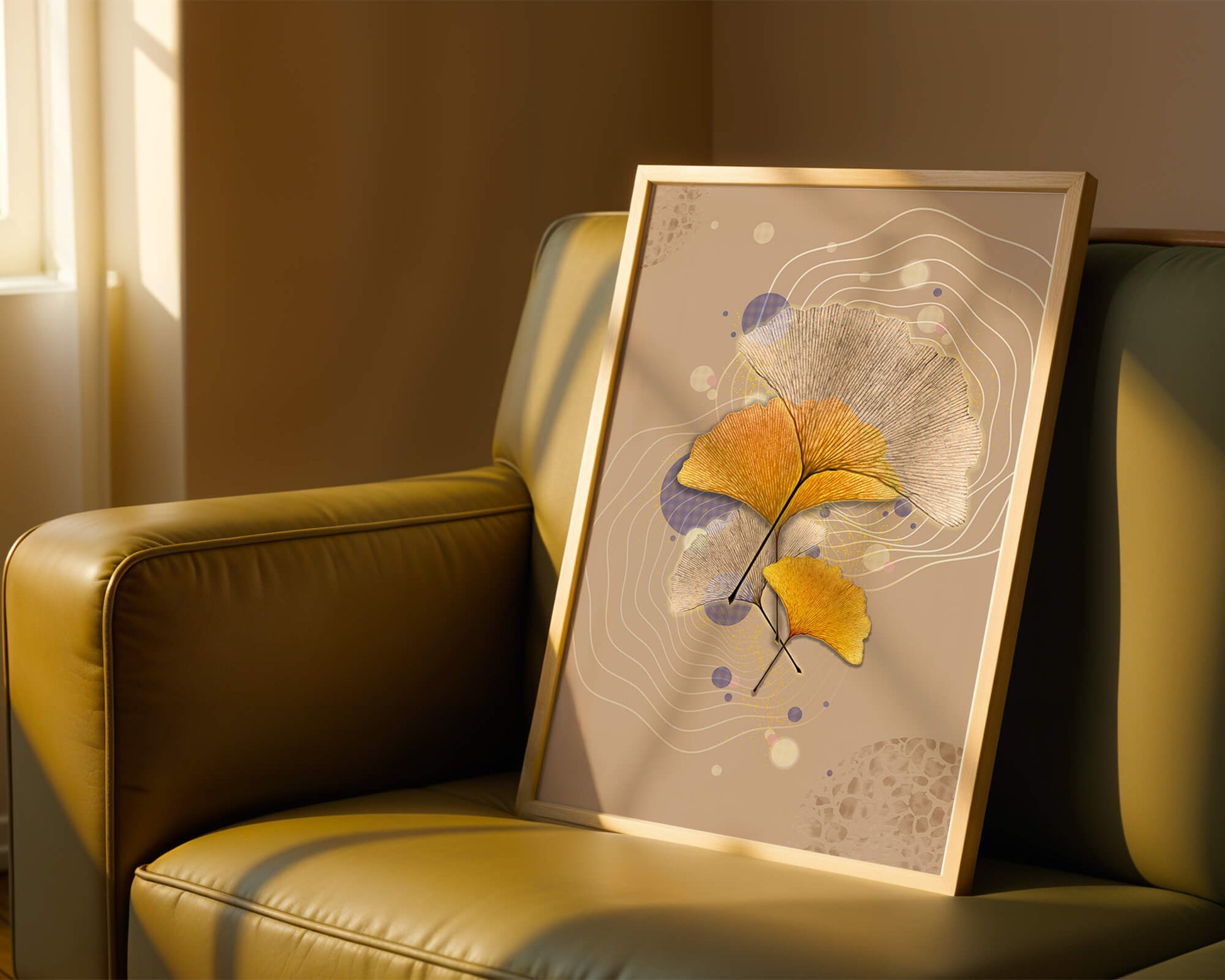 Elegant ginkgo leaves with abstract wavy and circular elements