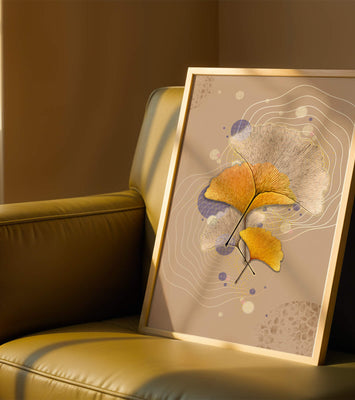 Elegant ginkgo leaves with abstract wavy and circular elements