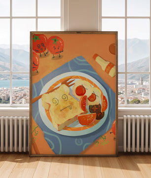 Whimsical Breakfast with Animated Tomatoes and Toast on a Bright Plate