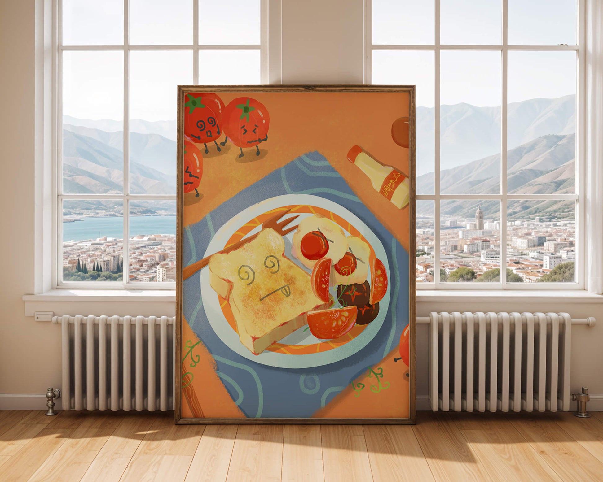 Desayuno caprichoso con tomates animados y tostadas en un plato brillante