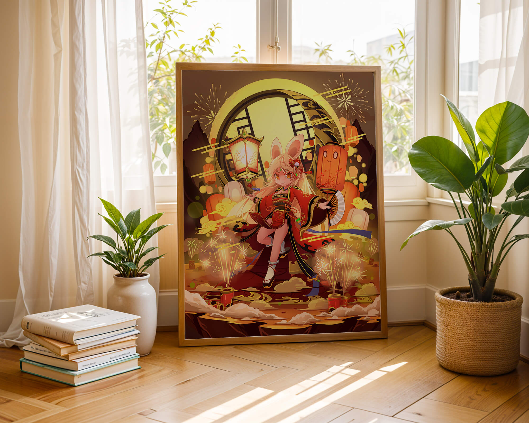 Festive celebration with a lantern-carrying character amidst fireworks and moonlight