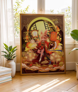 Festive celebration with a lantern-carrying character amidst fireworks and moonlight