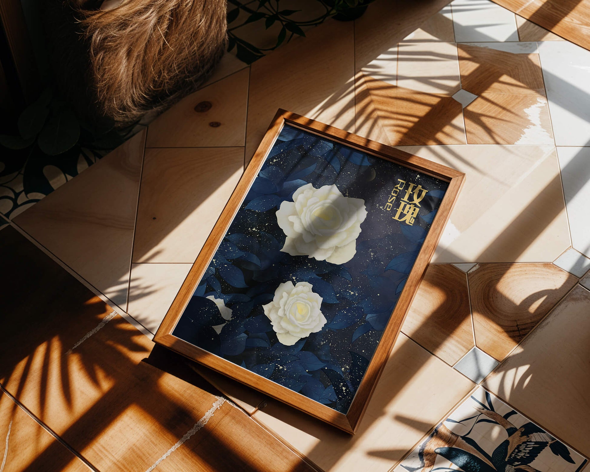Elegant white roses on a celestial night background with deep blue leaves