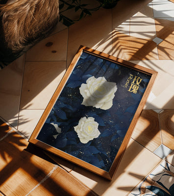 Elegant white roses on a celestial night background with deep blue leaves
