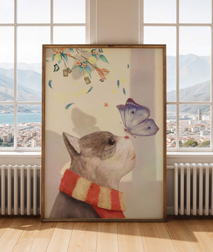 Cat Staring at Butterfly with Floral Elements - Mi tienda