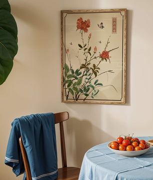 Delicate Floral Art with Red Flowers and Butterflies